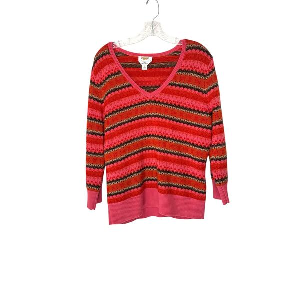 Talbots Petites Sweater Orange Pink Merino Wool‎ Knit V-Neck Nordic Large - Picture 1 of 12